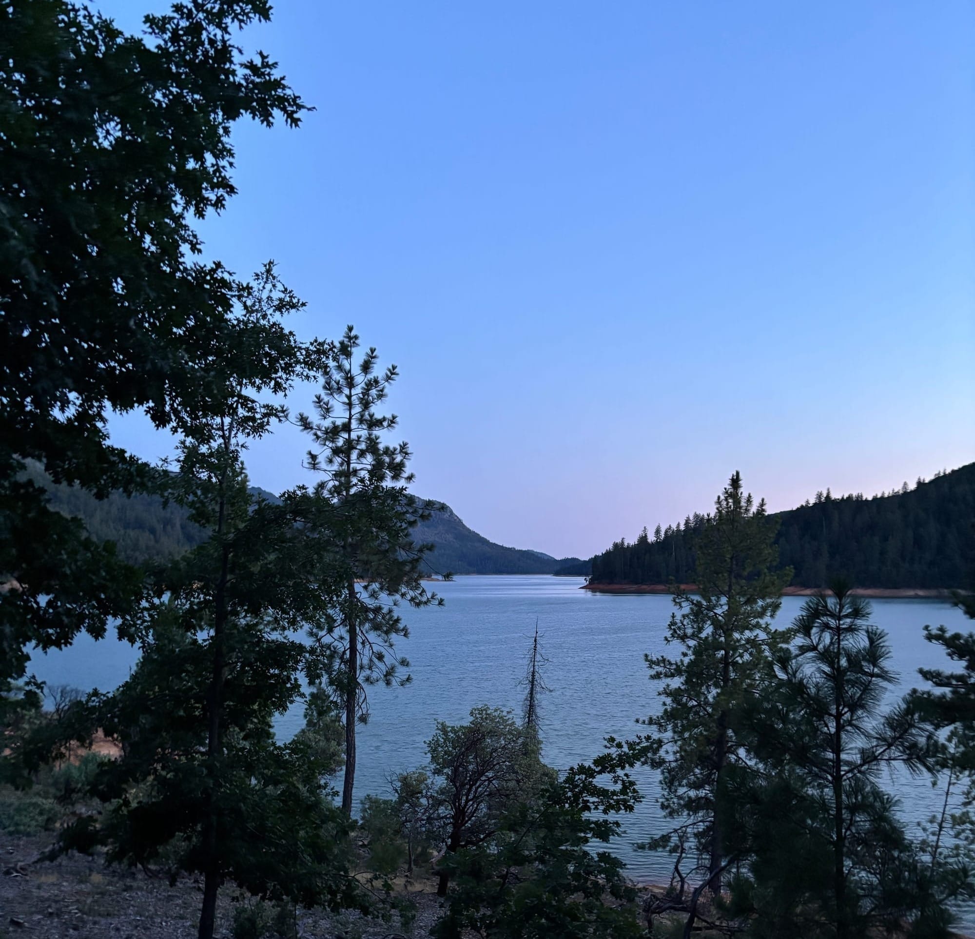 The view of Lake Shasta from Hirz Bay campground at dusk